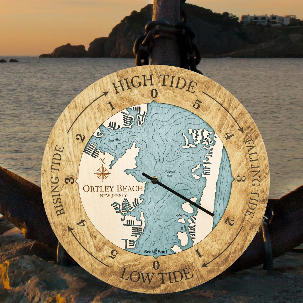 Ortley Beach Tide Clock Honey Accent with Blue Green Water Sitting by Anchor and Waterfront