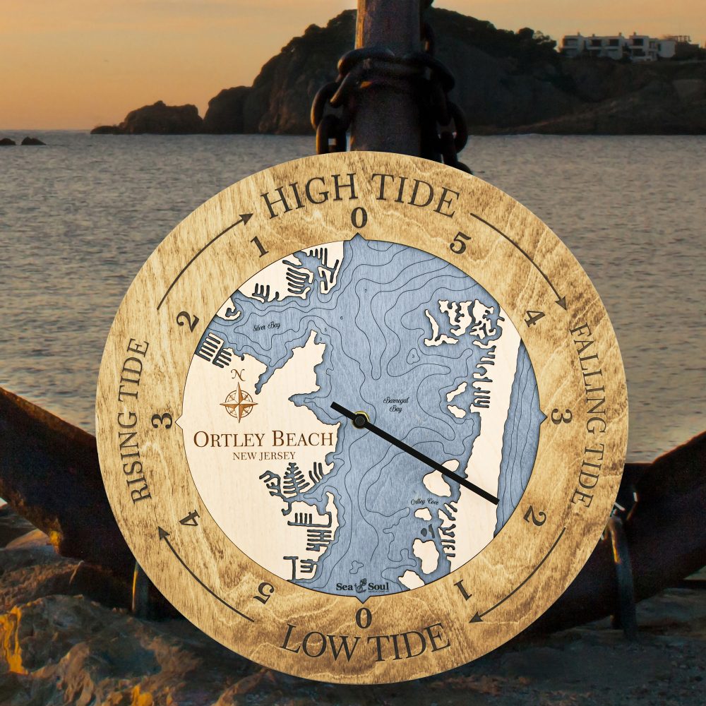 Ortley Beach Tide Clock Honey Accent with Deep Blue Water Sitting by Anchor and Waterfront