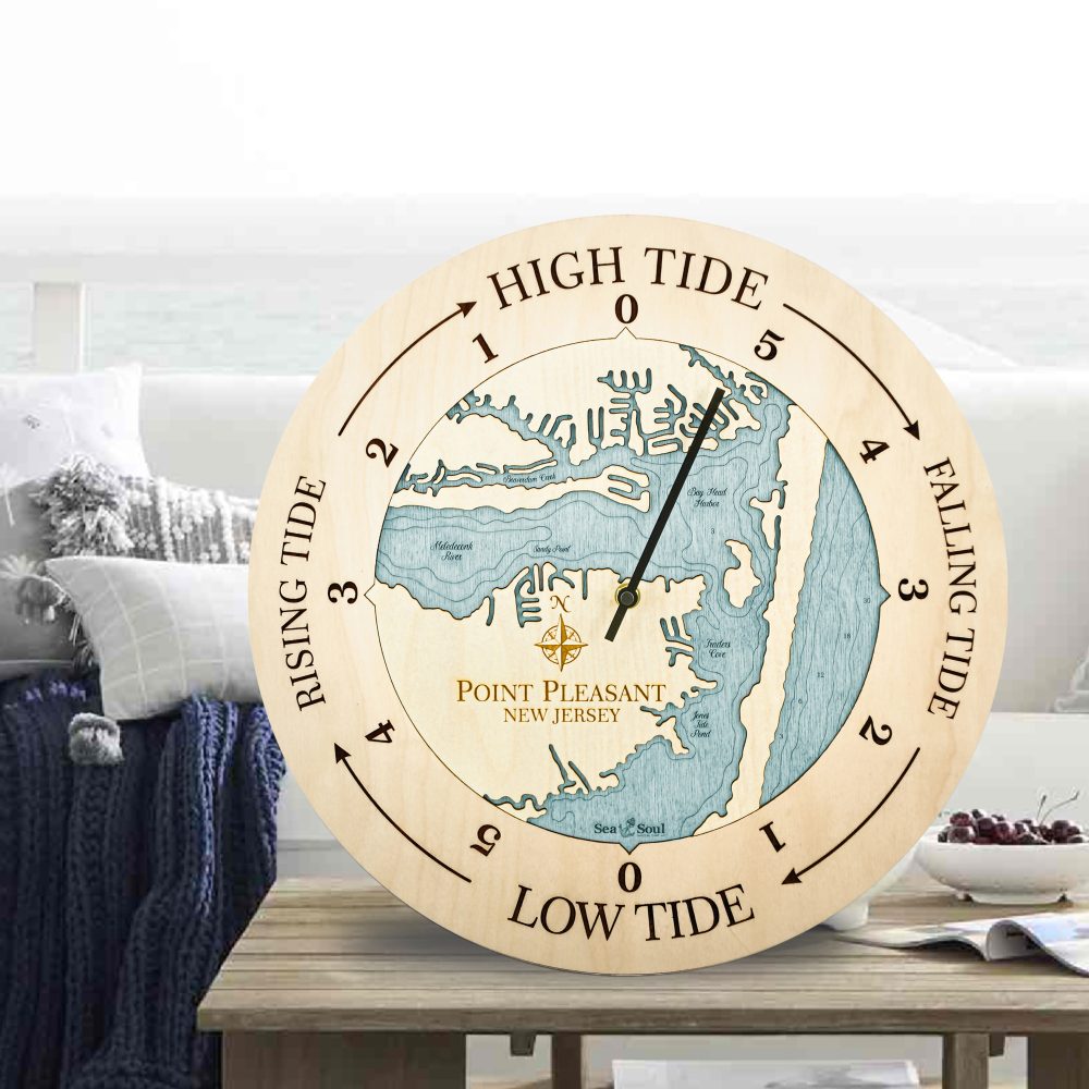 Point Pleasant Tide Clock Birch Accent with Blue Green Water Sitting on Outdoor Table by Waterfront