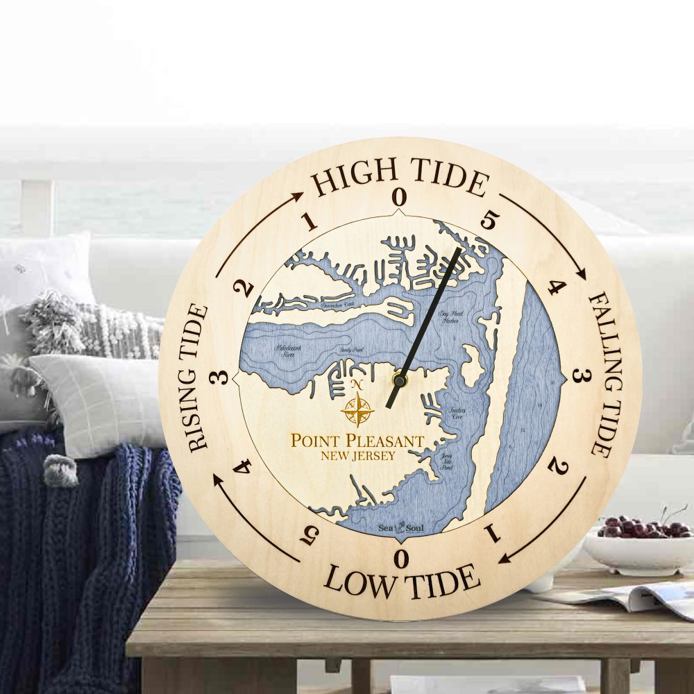 Point Pleasant Tide Clock Birch Accent with Deep Blue Water Sitting on Outdoor Table by Waterfront