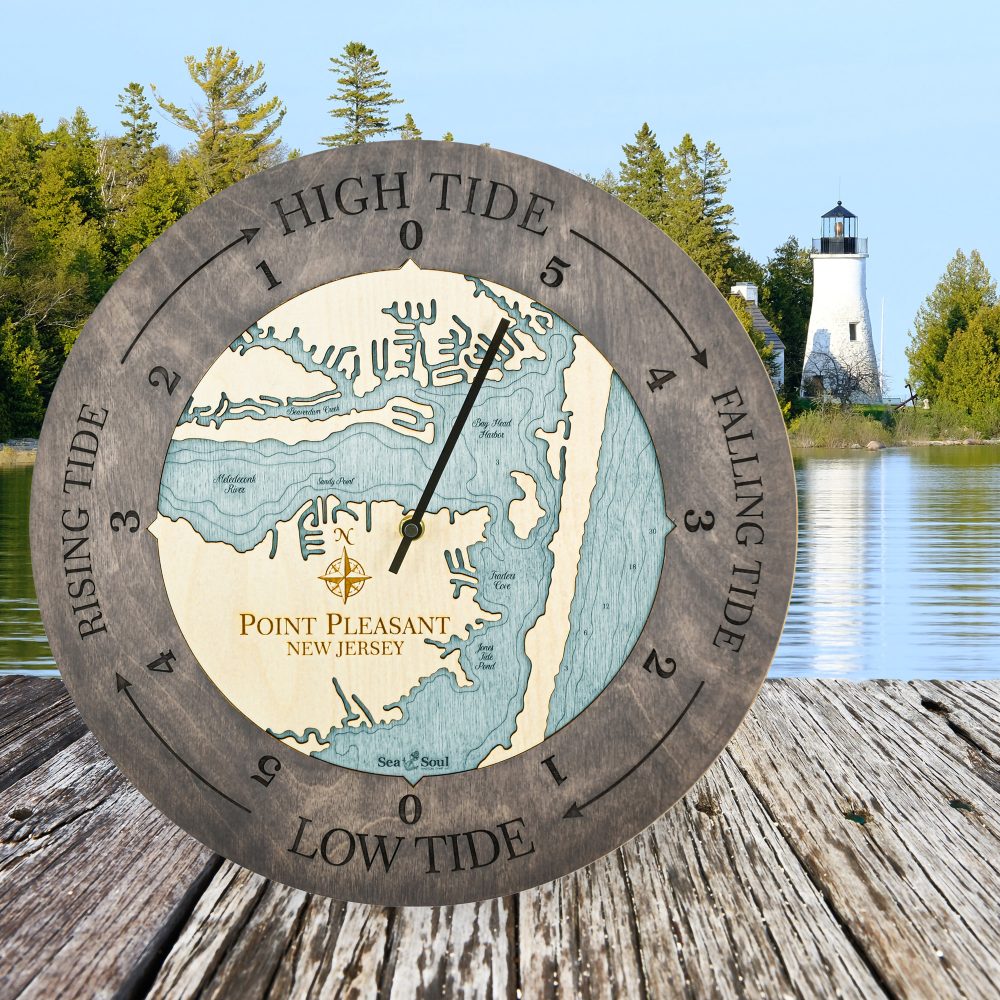 Point Pleasant Tide Clock Driftwood Accent with Blue Green Water Sitting on Dock by Lighthouse and Waterfront