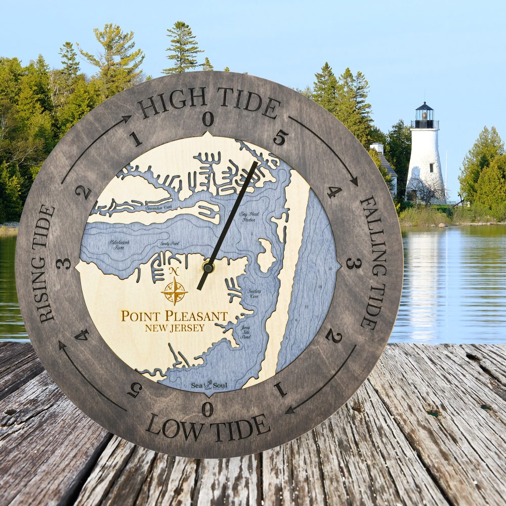 Point Pleasant Tide Clock Driftwood Accent with Deep Blue Water Sitting on Dock by Lighthouse and Waterfront