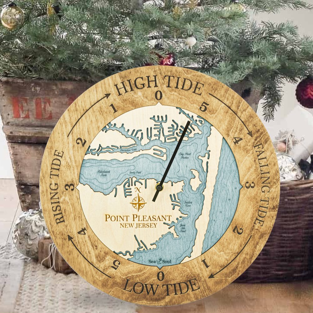 Point Pleasant Tide Clock Honey Accent with Blue Green Water Sitting under Christmas Tree