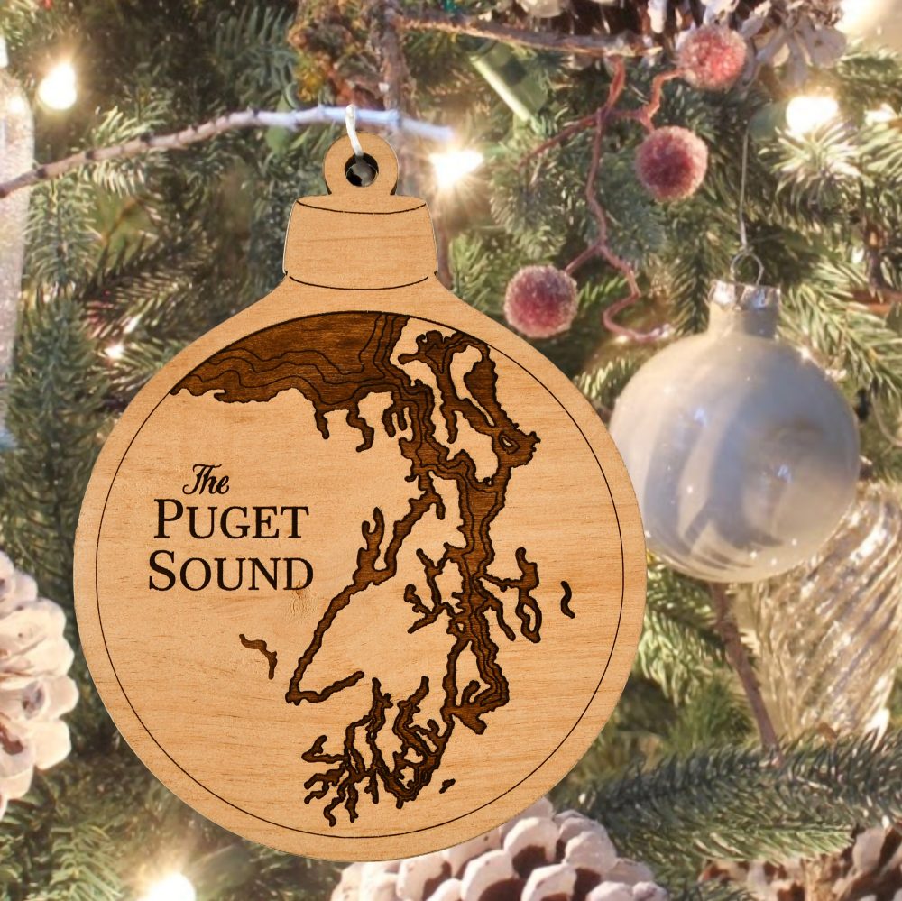 Puget Sound Engraved Nautical Ornament Hanging on Christmas Tree with Ornaments