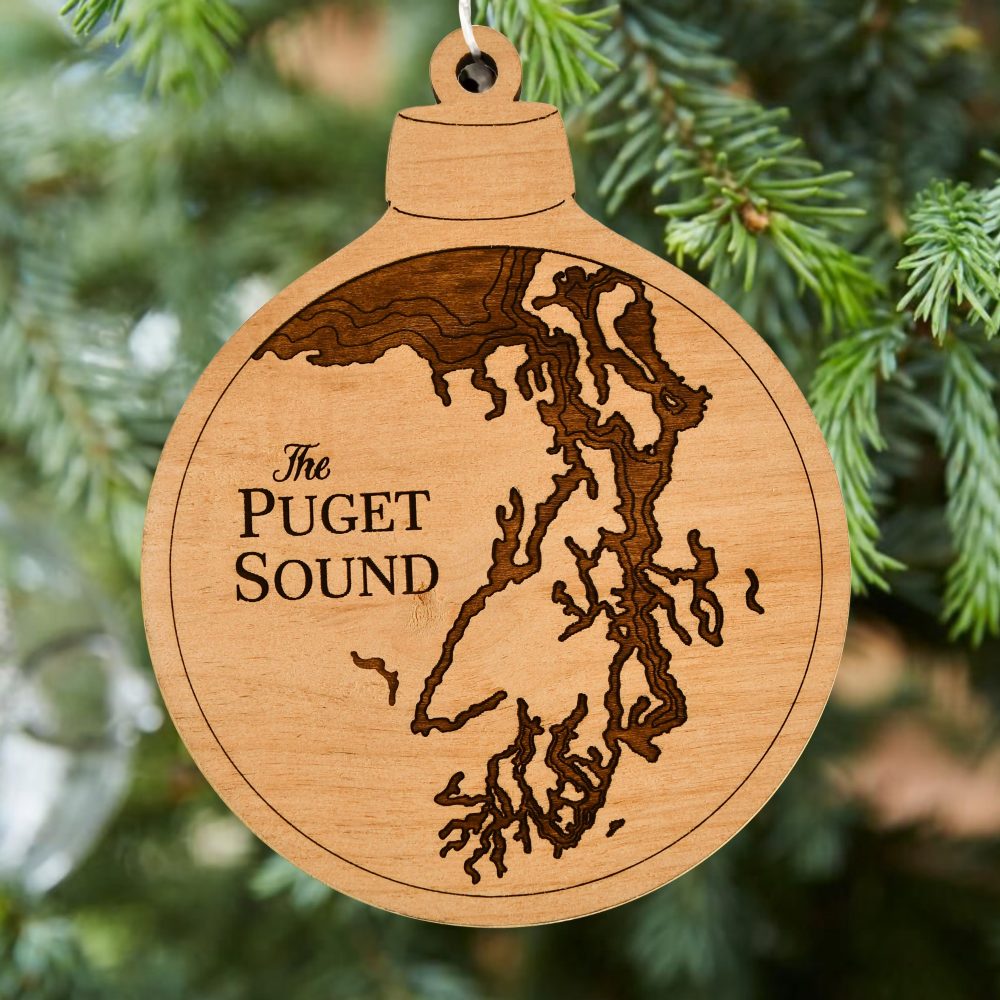 Puget Sound Engraved Nautical Ornament Hanging on Christmas Tree