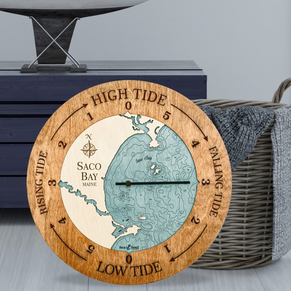 Saco Bay Tide Clock Americana Accent with Blue Green Water Sitting on Ground by Basket