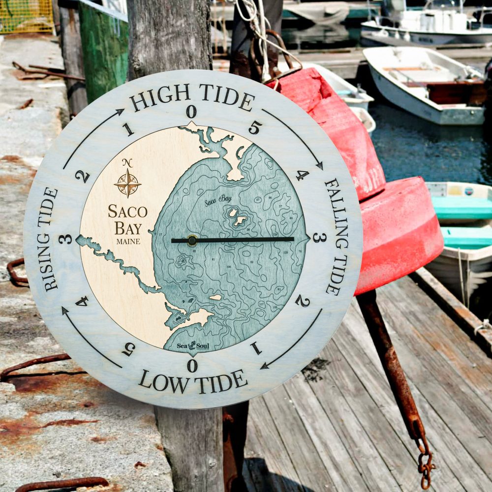 Saco Bay Tide Clock Bleach Blue Accent with Blue Green Water Hanging on Dock Post