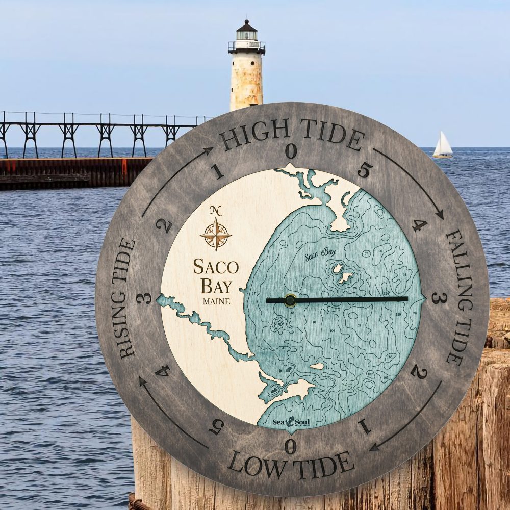 Saco Bay Tide Clock Driftwood Accent with Blue Green Water Hanging on Dock Post by Lighthouse and Waterfront