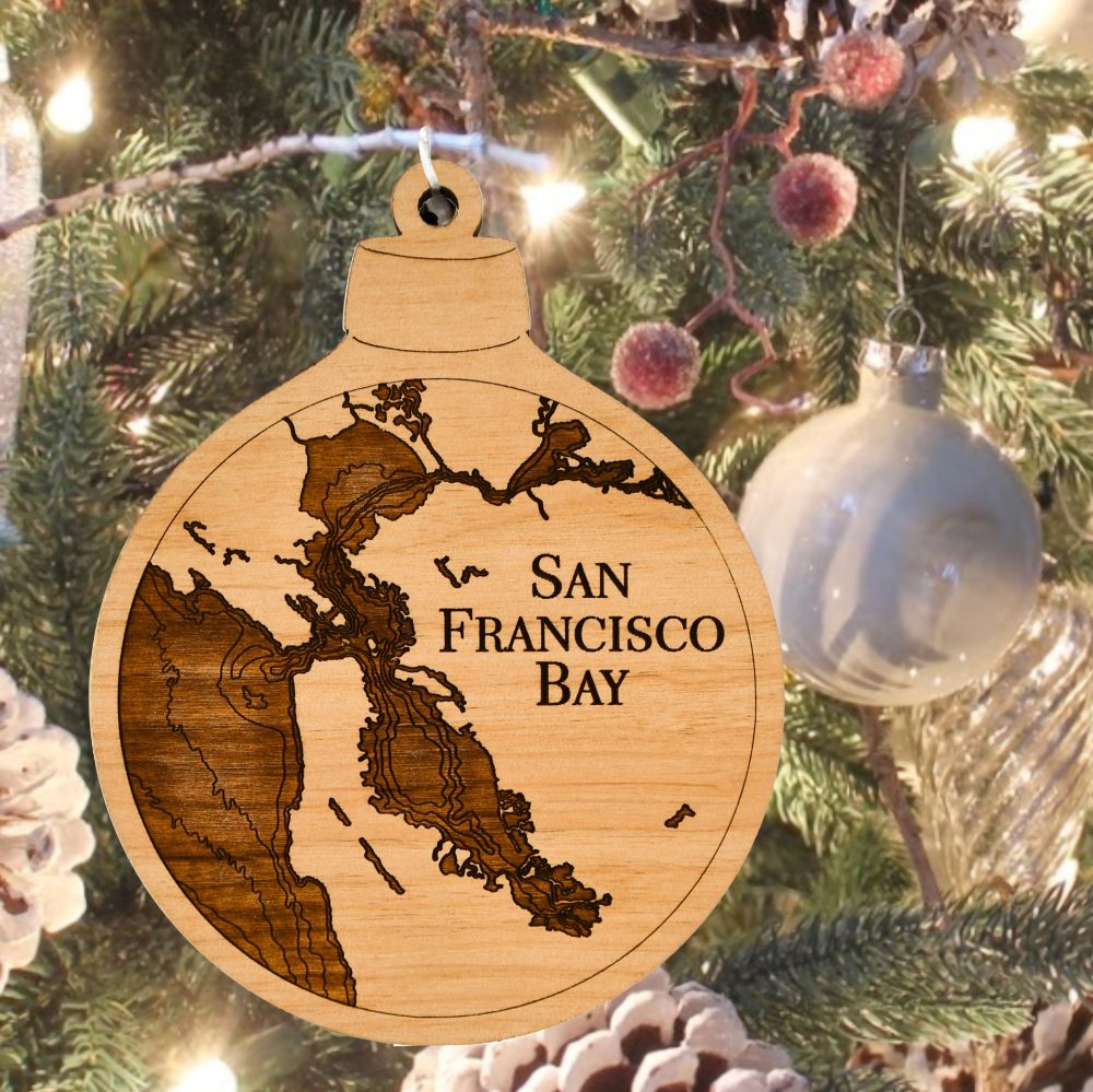 San Francisco Engraved Ornament Hanging on Christmas Tree with Silver Ornaments