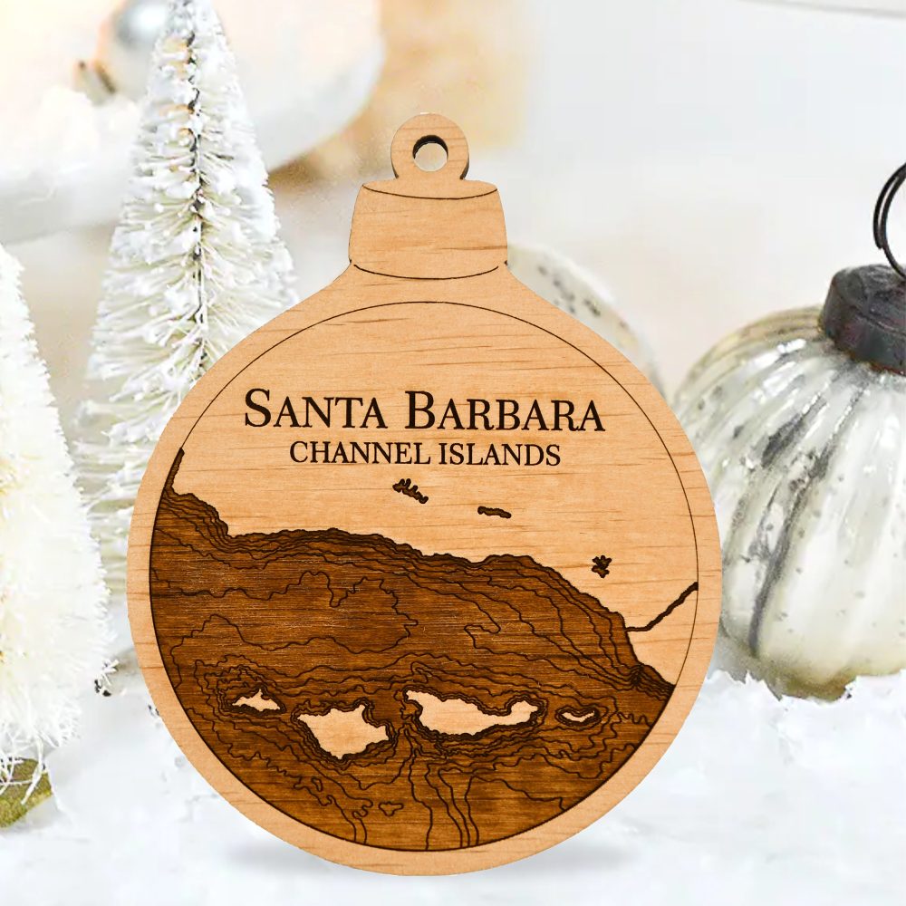 Santa Barbara Engraved Ornament Sitting on Table by Silver Christmas Ornaments