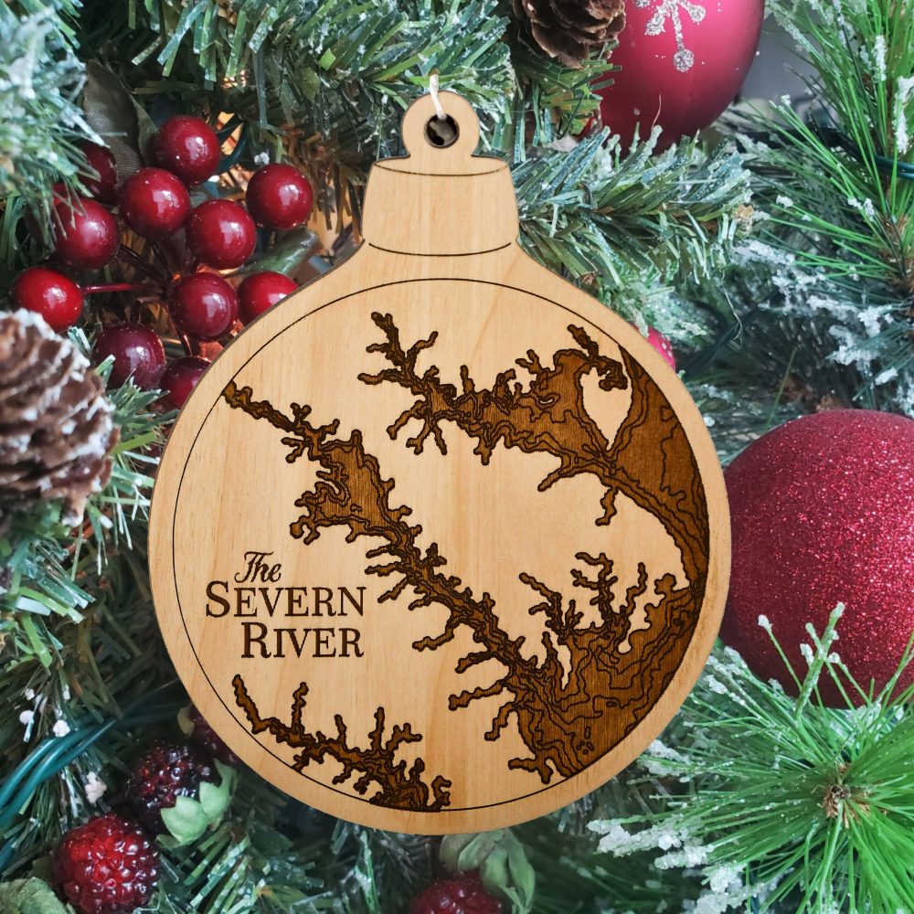 Severn River Engraved Nautical Ornament Hanging on Christmas Tree with Red Ornaments
