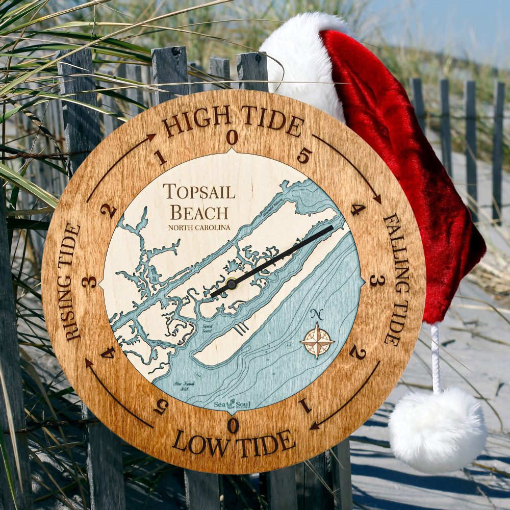 Topsail Beach Tide Clock Americana Accent with Blue Green Water Hanging on Fence with Santa Hat