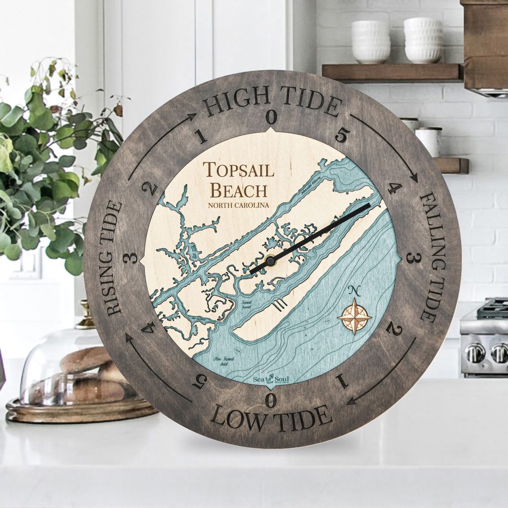 Topsail Beach Tide Clock Driftwood Accent with Blue Green Water Sitting on Countertop