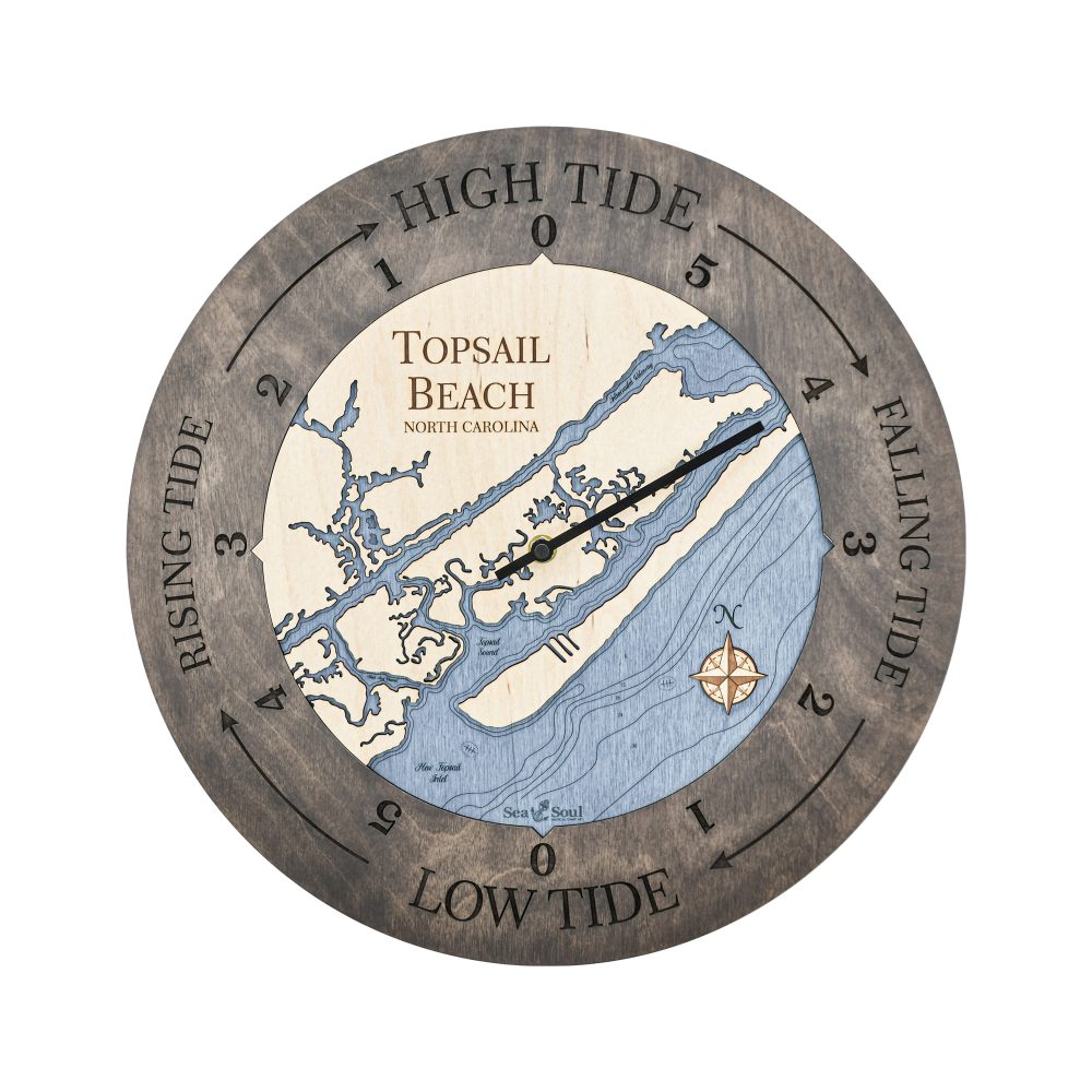 Topsail Beach Tide Clock Driftwood Accent with Deep Blue Water