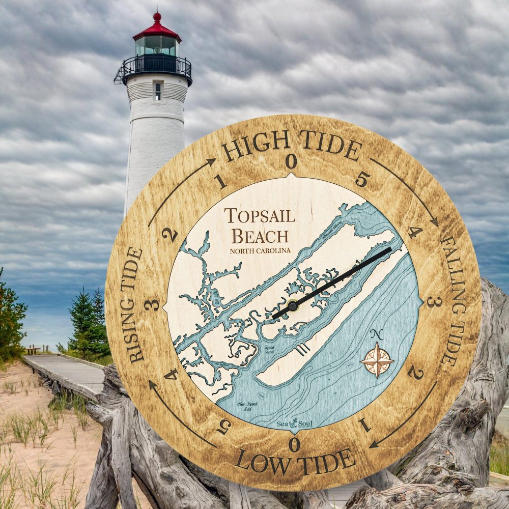 Topsail Beach Tide Clock Honey Accent with Blue Green Water Sitting by Lighthouse and Waterfront