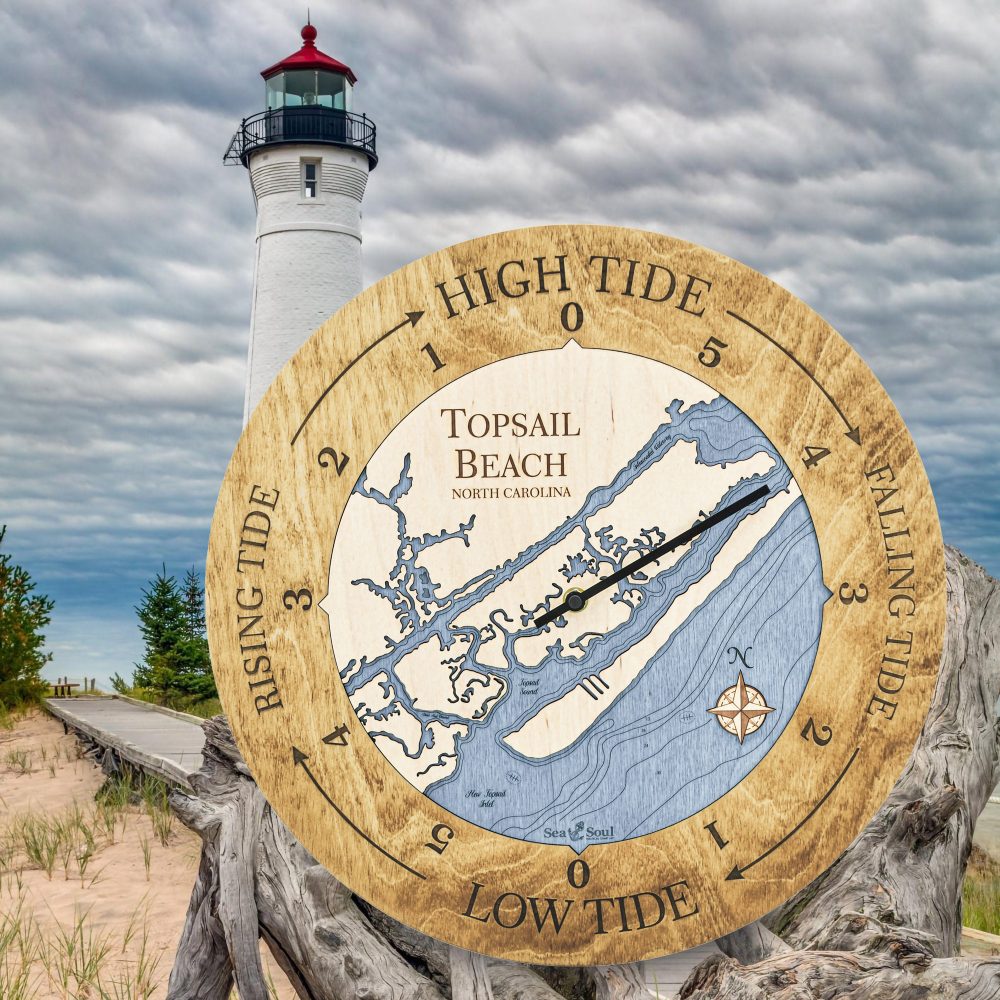 Topsail Beach Tide Clock Honey Accent with Deep Blue Water Sitting by Lighthouse and Waterfront