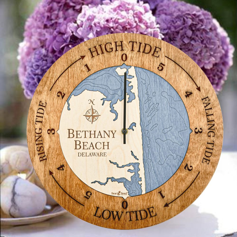 Bethany Beach Tide Clock Americana Accent with Deep Blue Water Sitting on Table with Flowers