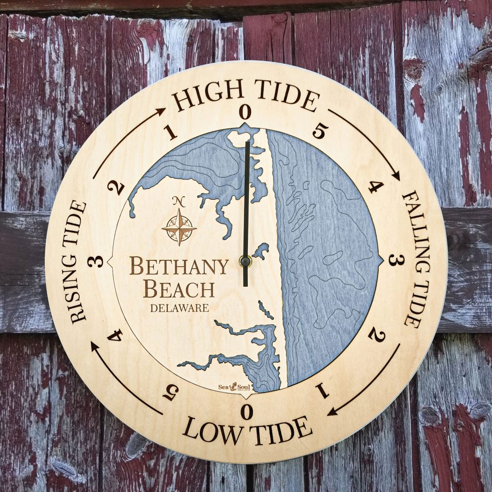 Bethany Beach Tide Clock Birch Accent with Deep Blue Water Hanging on Fence