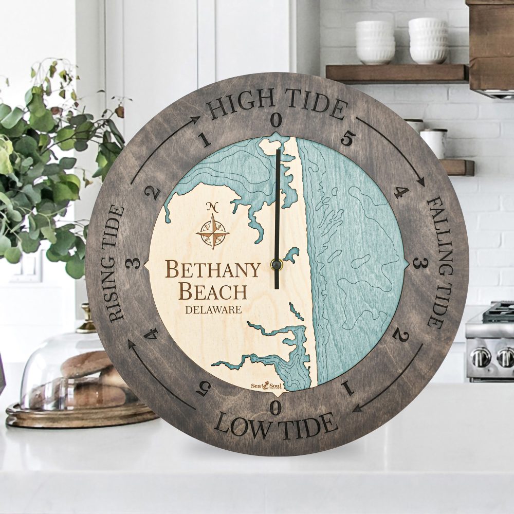 Bethany Beach Tide Clock Driftwood Accent with Blue Green Water Sitting on Countertop