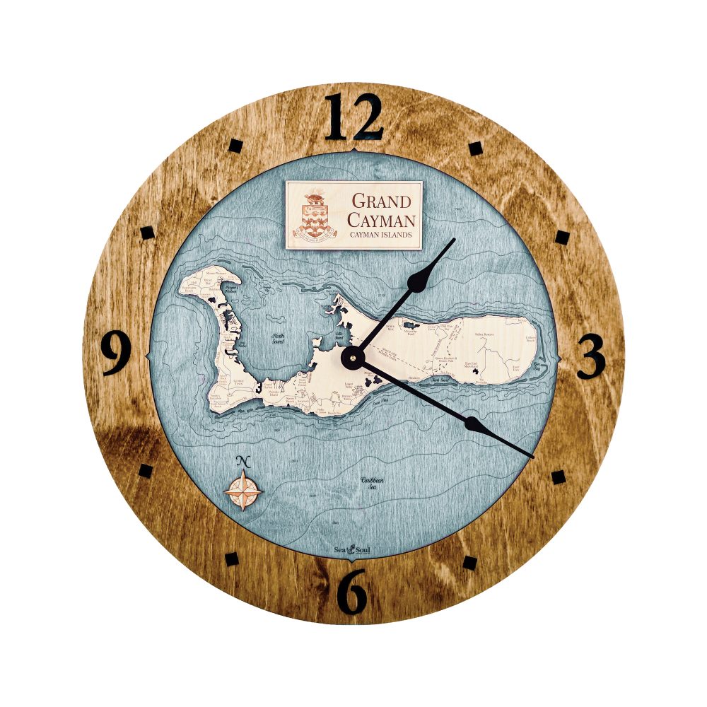 Grand Cayman Nautical Map Clock Americana Accent with Blue Green Water