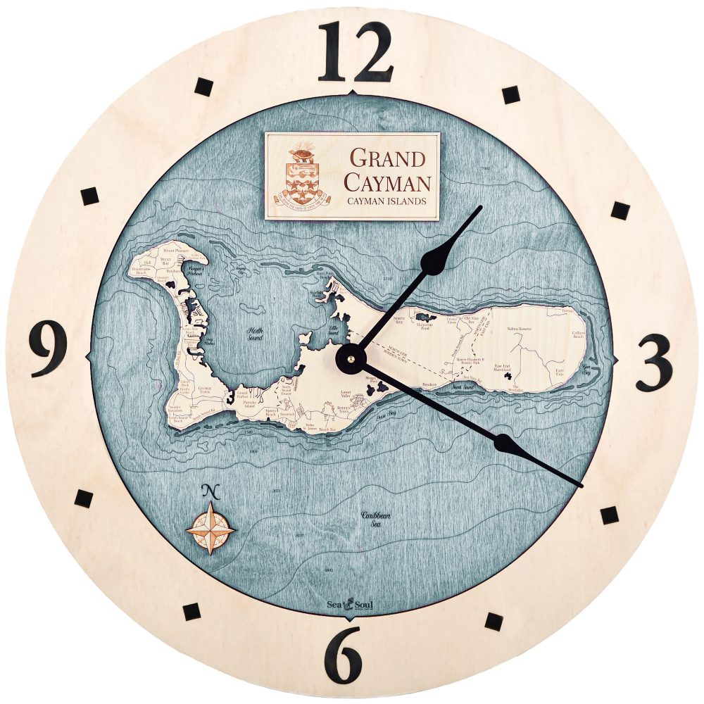Grand Cayman Nautical Map Clock Birch Accent with Blue Green Water Product Shot