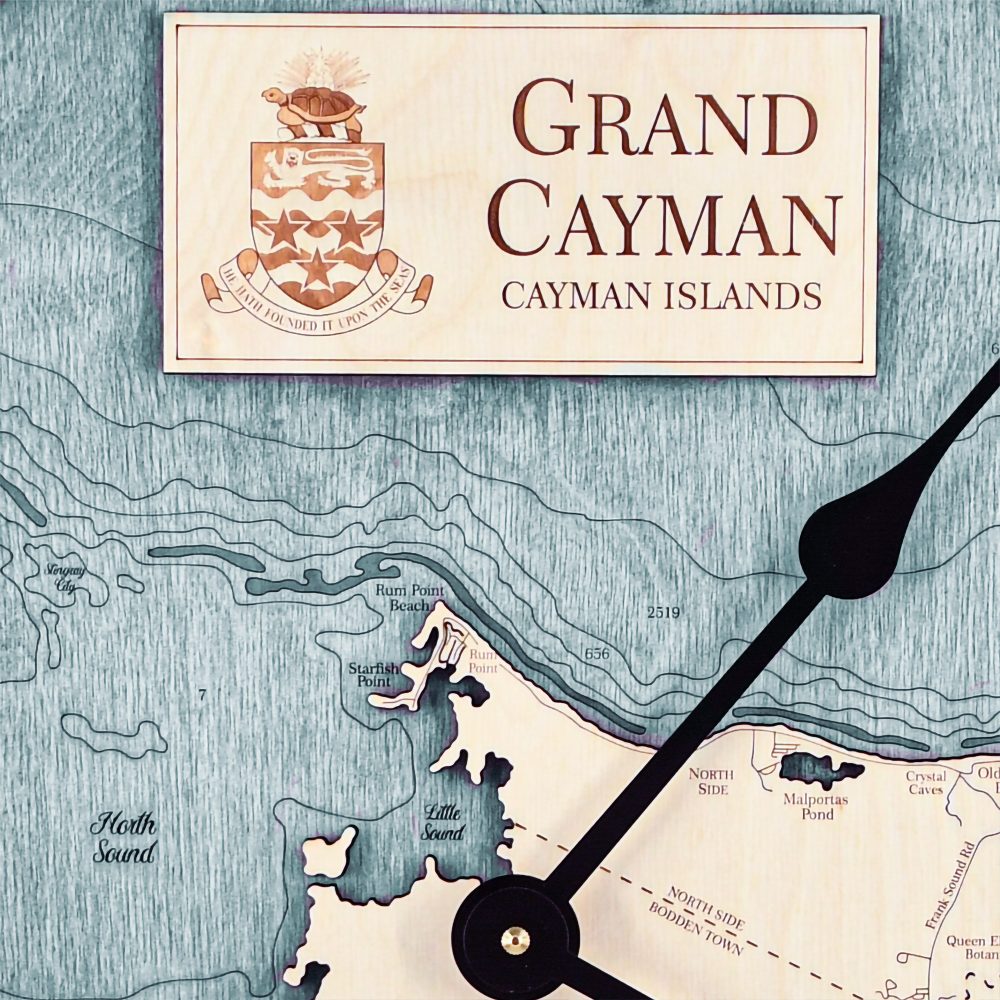Grand Cayman Nautical Map Clock Birch Accent with Blue Green Water Detail Shot 3