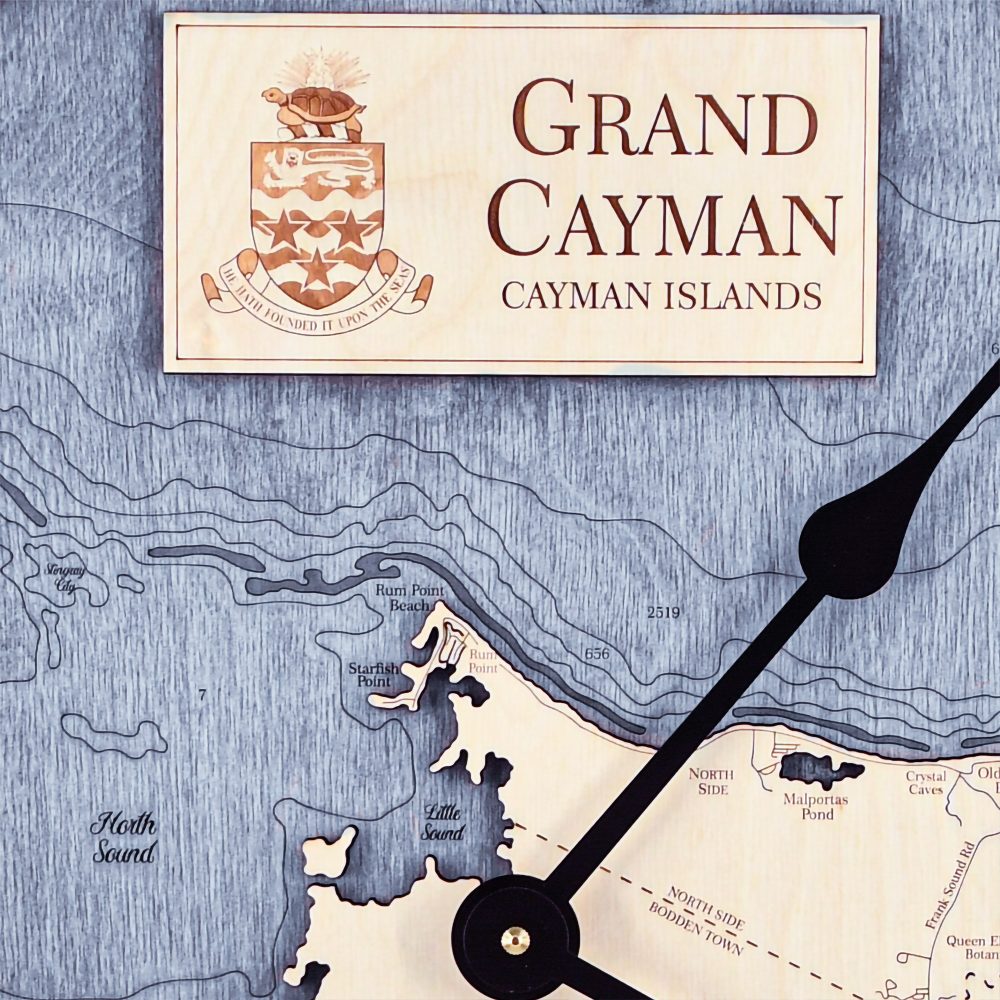 Grand Cayman Nautical Map Clock Birch Accent with Deep Blue Water Detail Shot 3