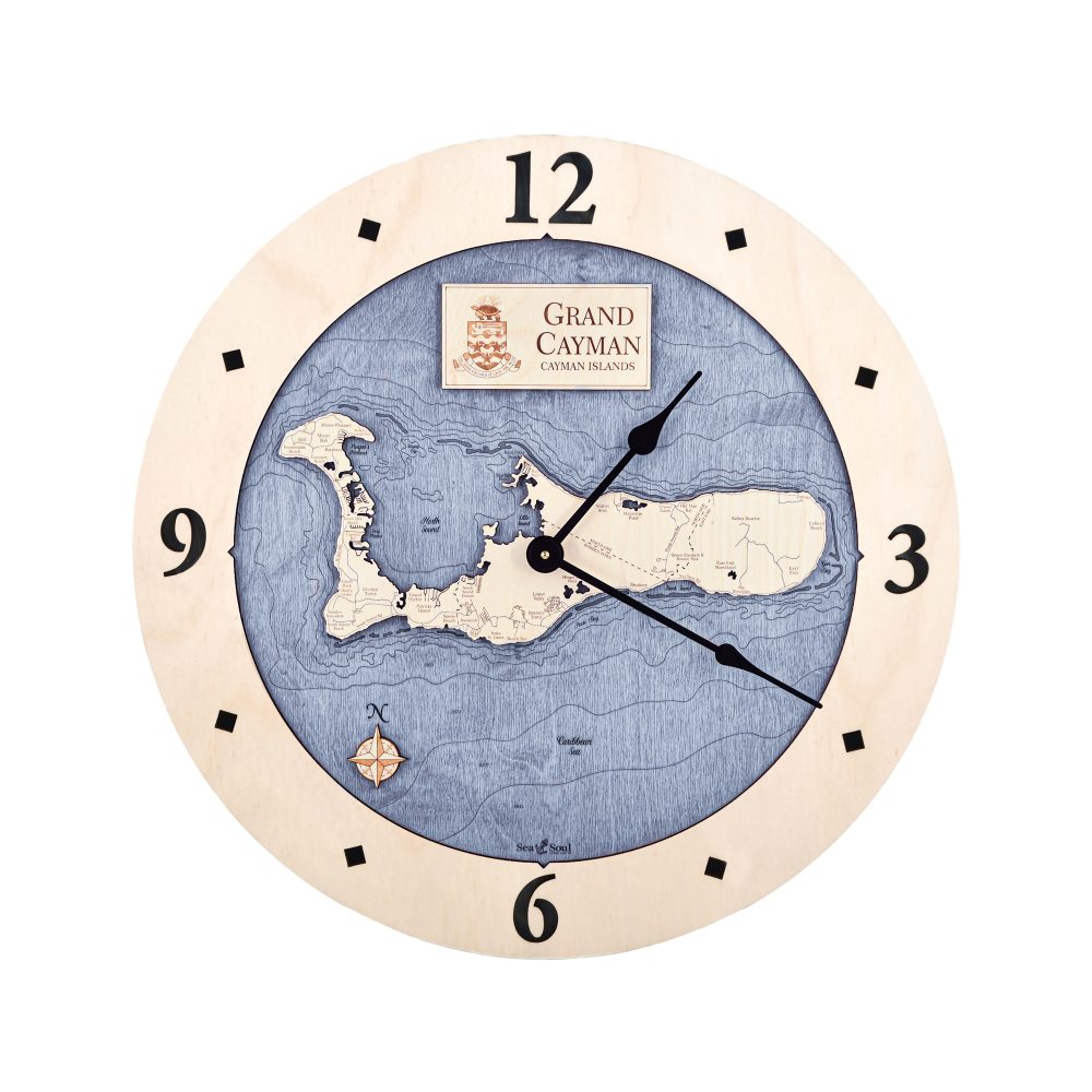 Grand Cayman Nautical Map Clock Birch Accent with Deep Blue Water