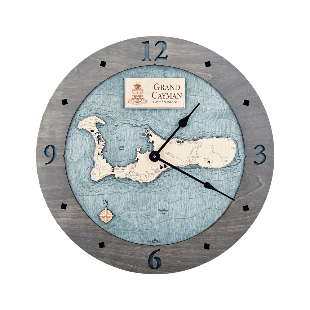 Grand Cayman Nautical Map Clock Driftwood Accent with Blue Green Water