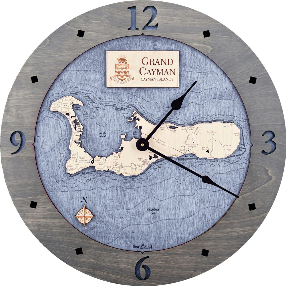 Grand Cayman Nautical Map Clock Driftwood Accent with Deep Blue Water Product Shot