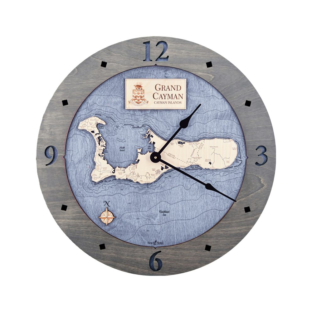 Grand Cayman Nautical Map Clock Driftwood Accent with Deep Blue Water