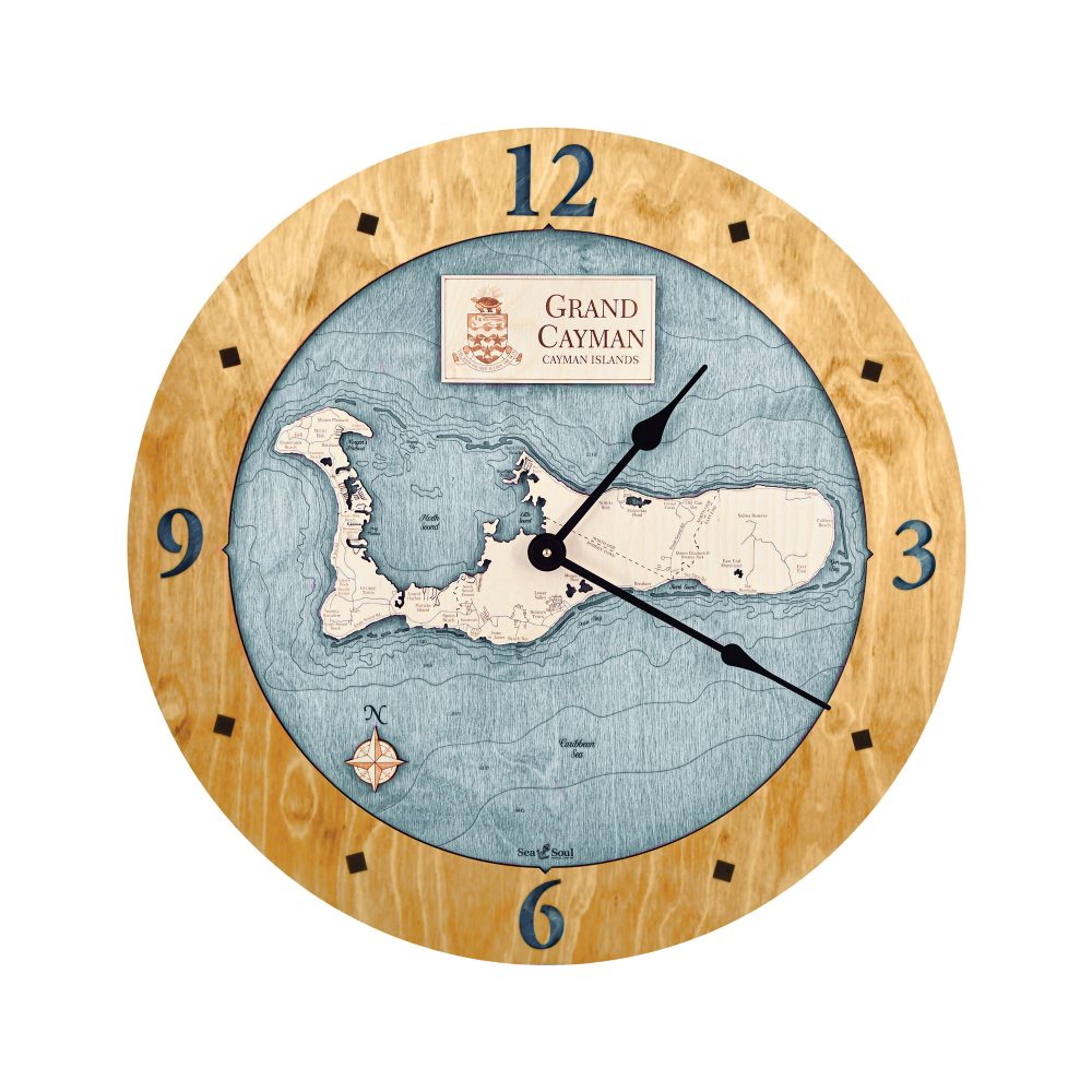 Grand Cayman Nautical Map Clock Honey Accent with Blue Green Water