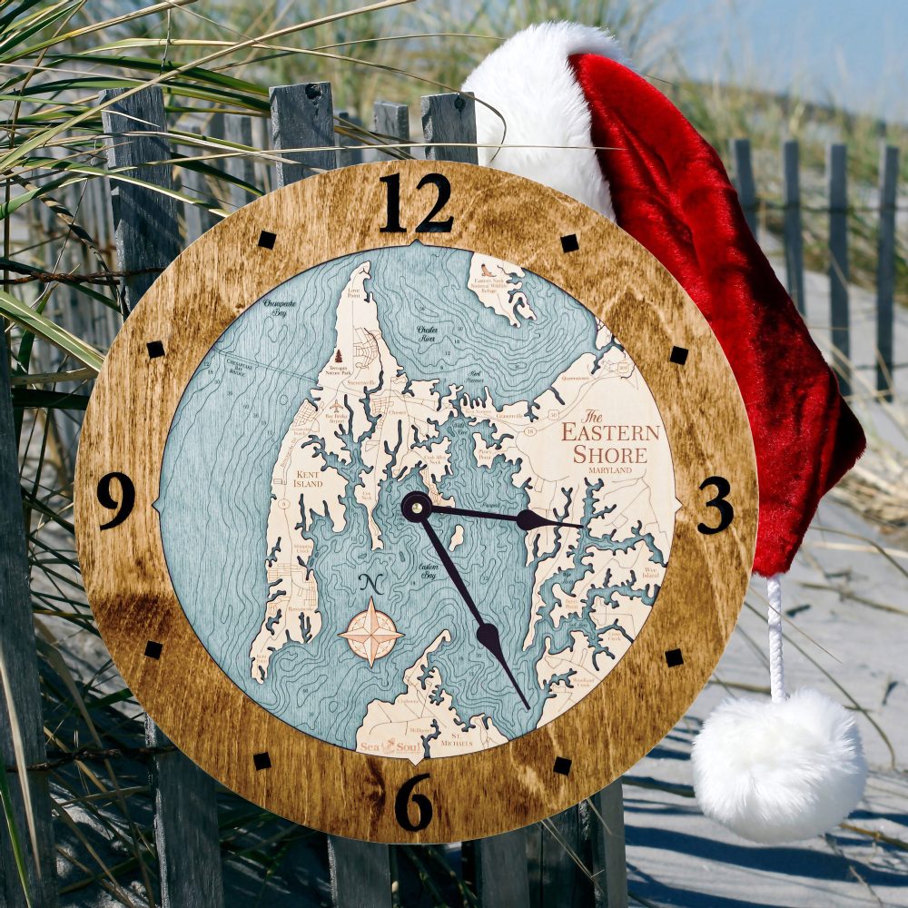 Eastern Shore Nautical Map Clock Americana Accent with Blue Green Water Hanging on Fence with Santa Hat