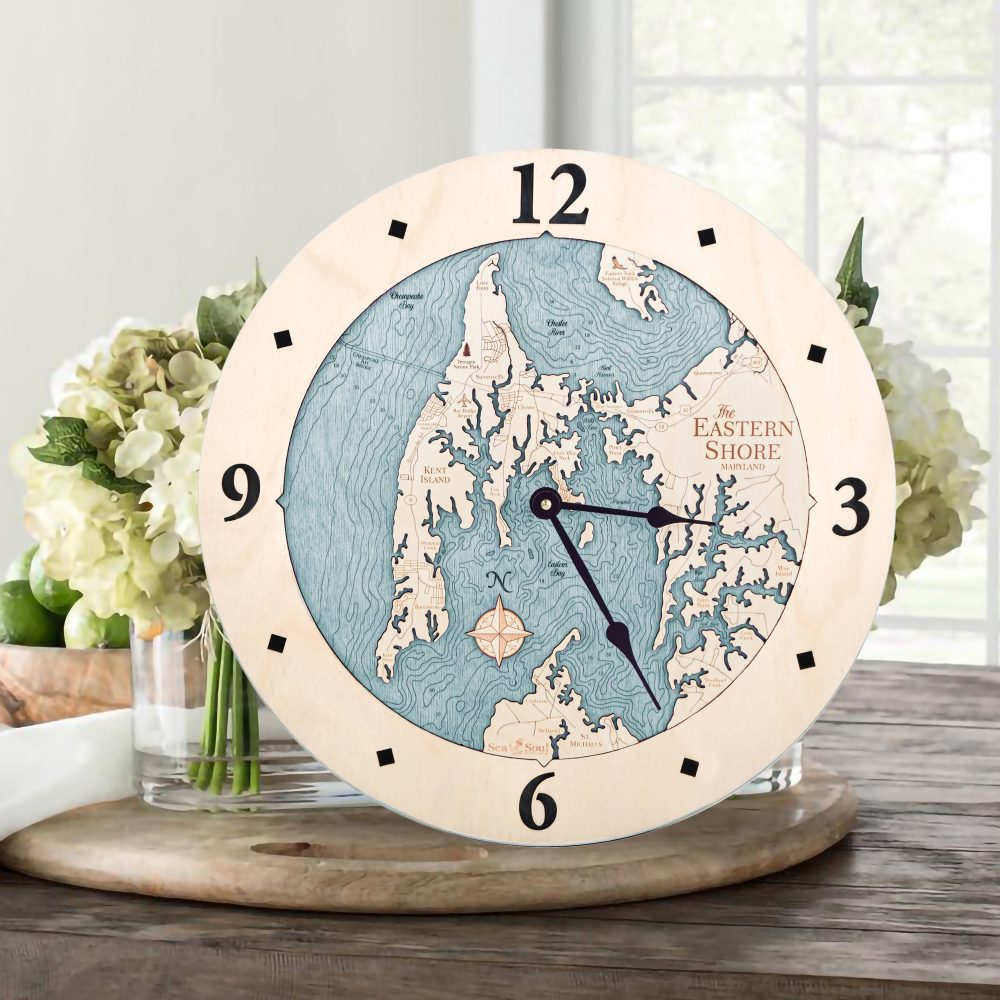 Eastern Shore Nautical Map Clock Birch Accent with Blue Green Water Sitting on Table with Flowers