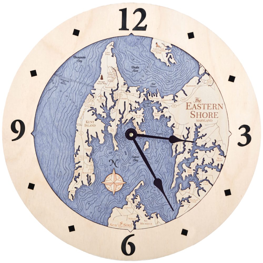Eastern Shore Nautical Map Clock Birch Accent with Deep Blue Water Product Shot