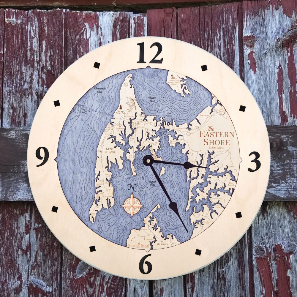 Eastern Shore Nautical Map Clock Birch Accent with Deep Blue Water Hanging on Fence