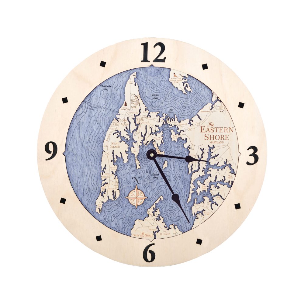 Eastern Shore Nautical Map Clock Birch Accent with Deep Blue Water