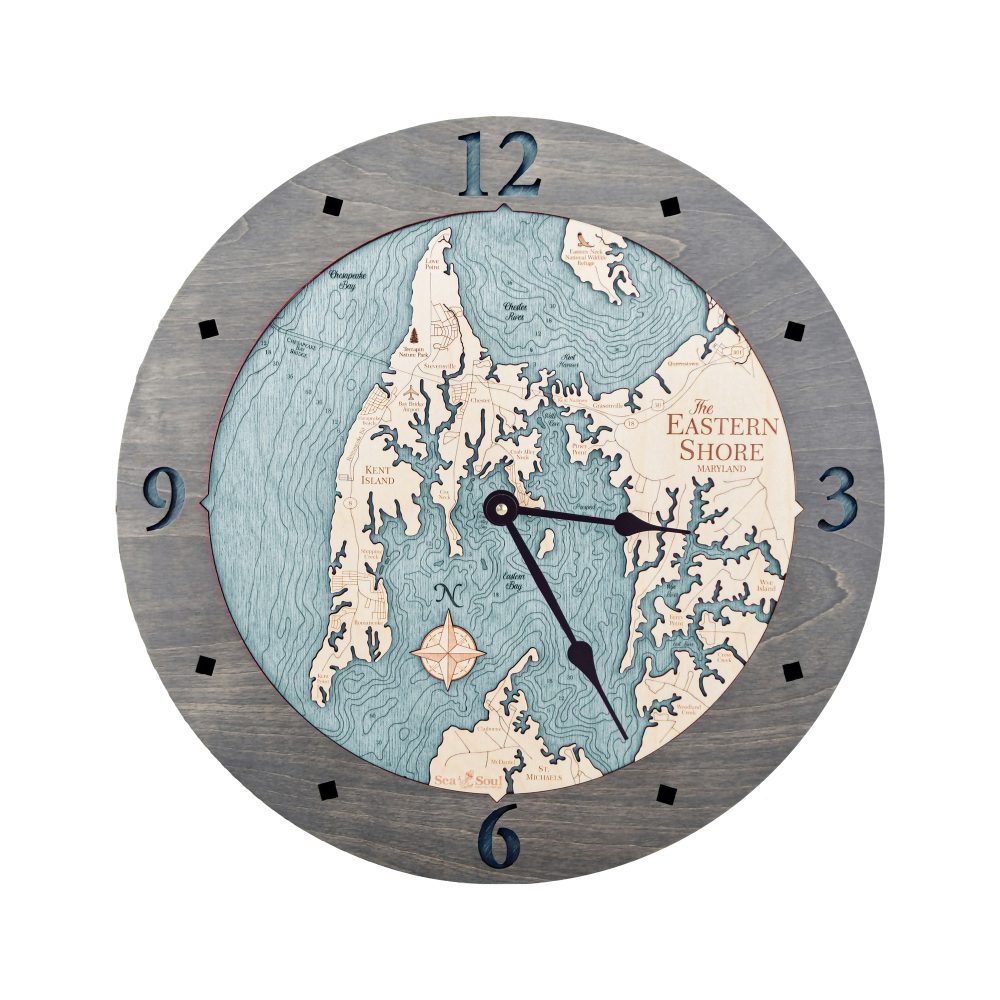 Eastern Shore Nautical Map Clock Driftwood Accent with Blue Green Water