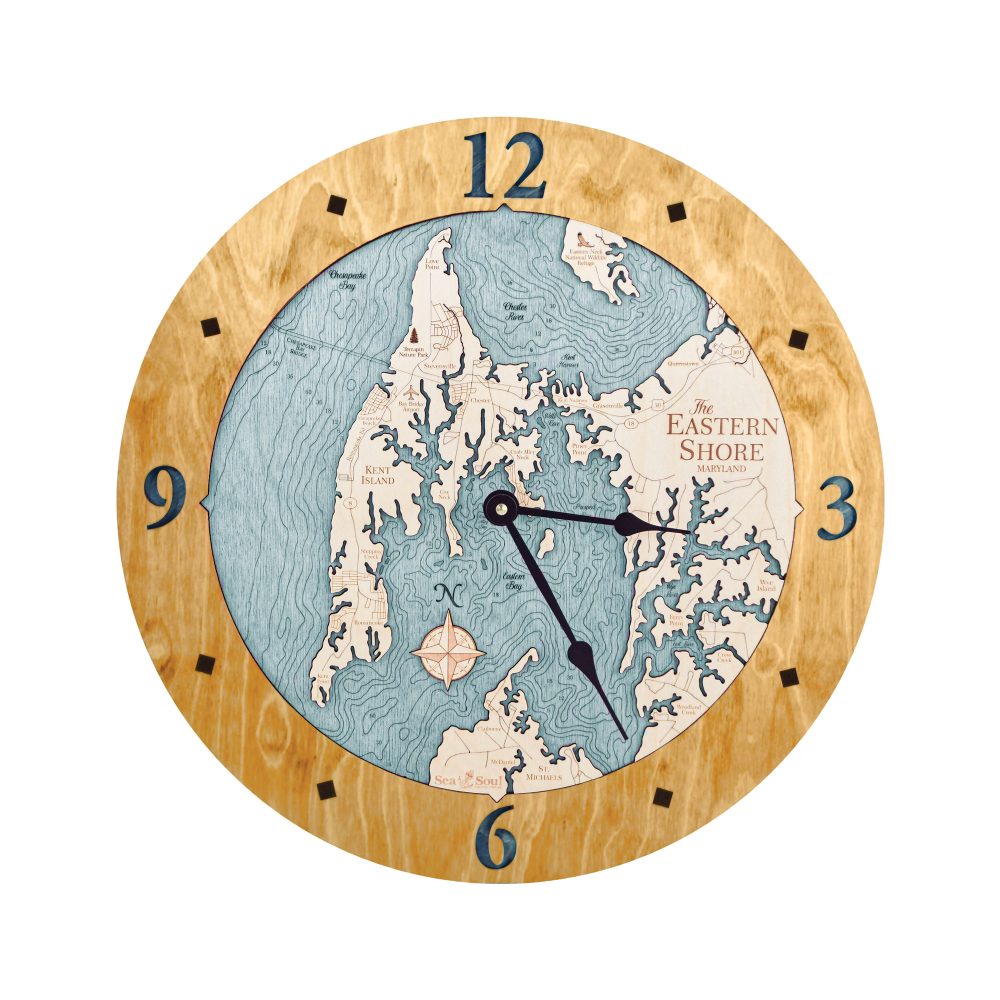 Eastern Shore Nautical Map Clock Honey Accent with Blue Green Water