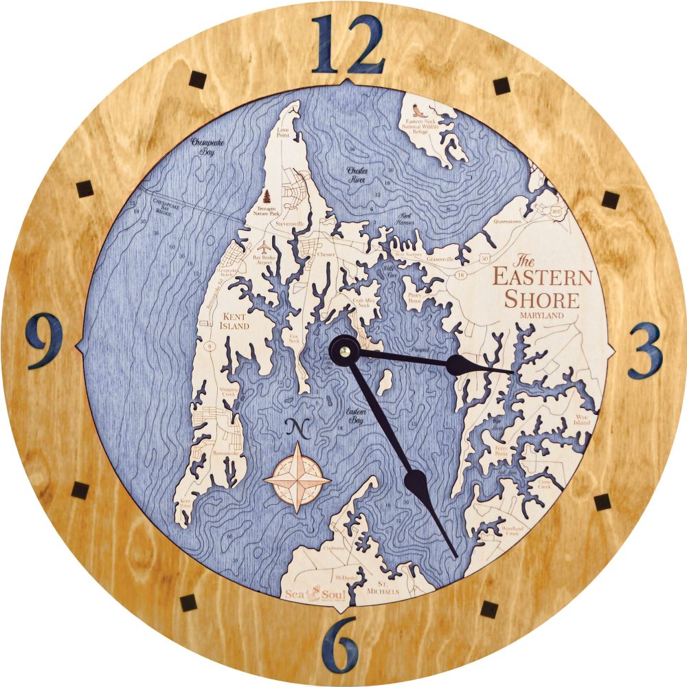 Eastern Shore Nautical Map Clock Honey Accent with Deep Blue Water Product Shot