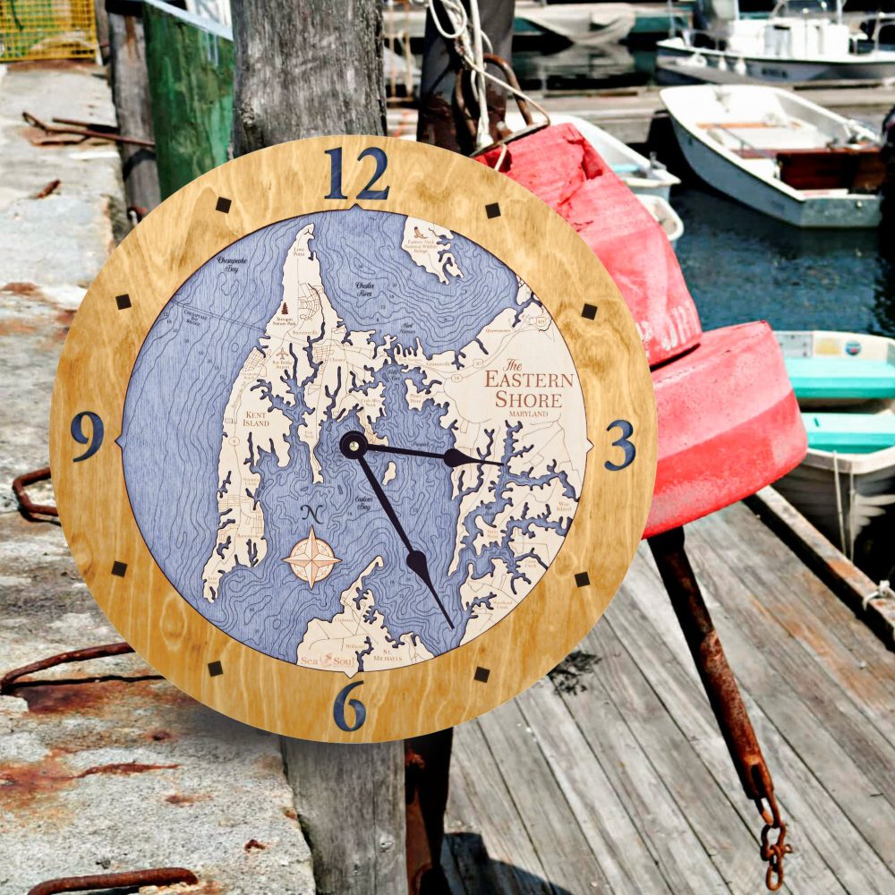 Eastern Shore Nautical Map Clock Honey Accent with Deep Blue Water Hanging on Dock Post