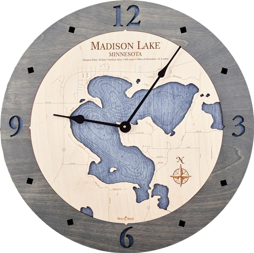 Madison Lake Nautical Map Clock Driftwood Accent with Deep Blue Water Product Shot