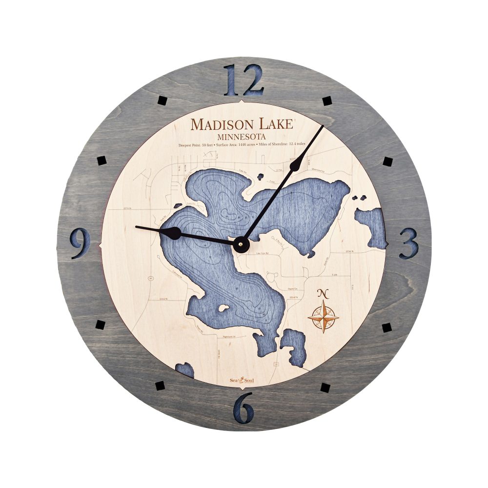 Madison Lake Nautical Map Clock Driftwood Accent with Deep Blue Water