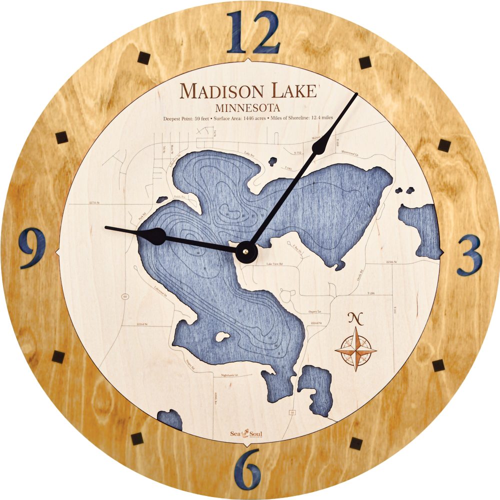 Madison Lake Nautical Map Clock Honey Accent with Deep Blue Water Product Shot