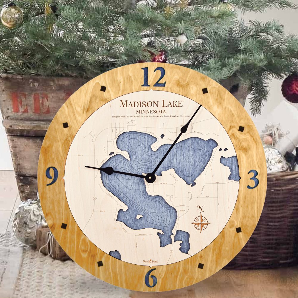 Madison Lake Nautical Map Clock Honey Accent with Deep Blue Water Sitting under Christmas Tree