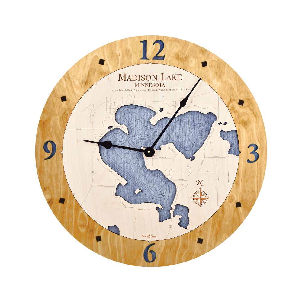 Madison Lake Nautical Map Clock Honey Accent with Deep Blue Water