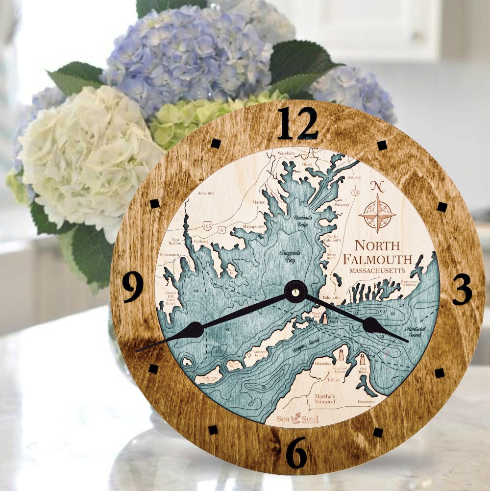 North Falmouth Nautical Map Clock Americana Accent with Blue Green Water Sitting on Counter with Flowers