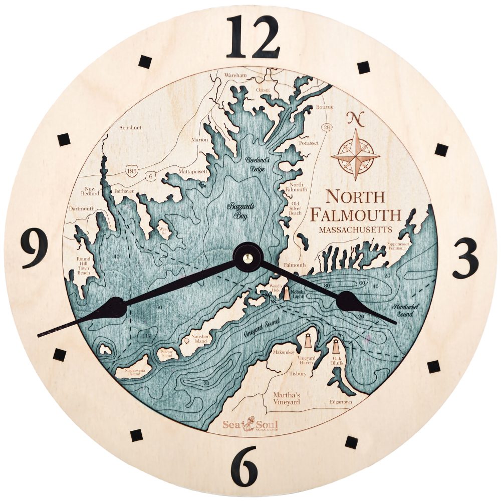 North Falmouth Nautical Map Clock Birch Accent with Blue Green Water Product Shot