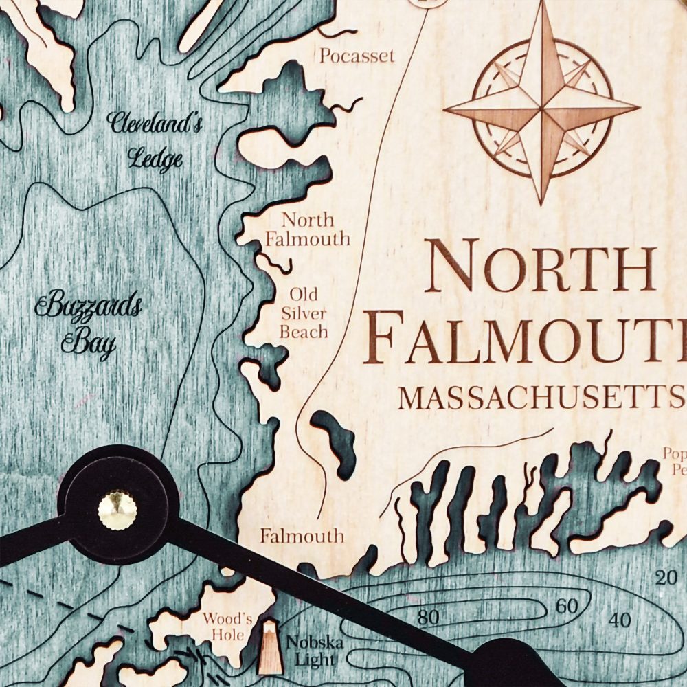 North Falmouth Nautical Map Clock Birch Accent with Blue Green Water Detail Shot 3