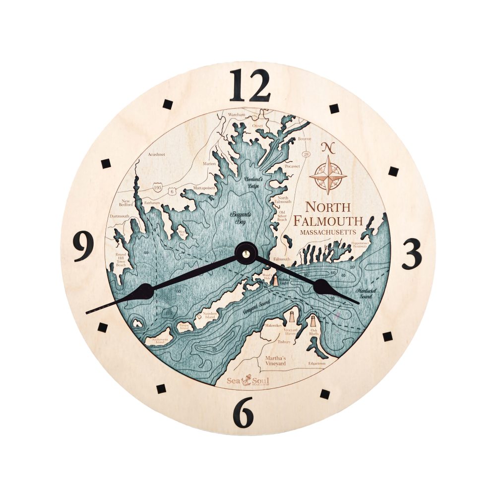 North Falmouth Nautical Map Clock Birch Accent with Blue Green Water